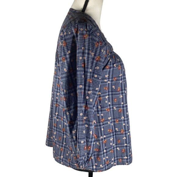 Toad & Co Womens XS Blue Plaid Floral Embroidered 3/4 Sleeve Blouse 100% Cotton - Picture 2 of 11